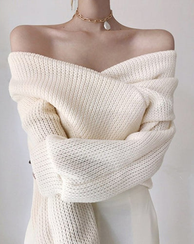 Criss-Cross Off Shoulder Sweater - Knitted Oversized Pullover - Glam Time Style