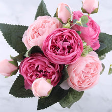 Load image into Gallery viewer, Artificial Peony and Rose Bouquet - 5 Big Flowers and 4 Small Buds - Glam Time Style
