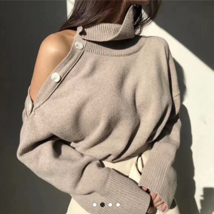 Elegant Sweater Sexy Off-Shoulder Turtleneck Pullover - Glam Time Style