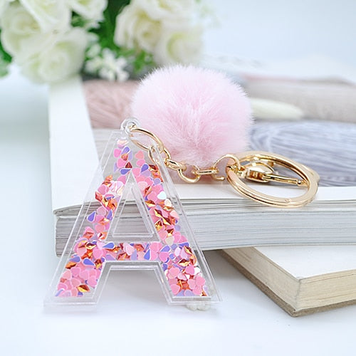 Keychain Charm: English Letters with Pompom - Glam Time Style