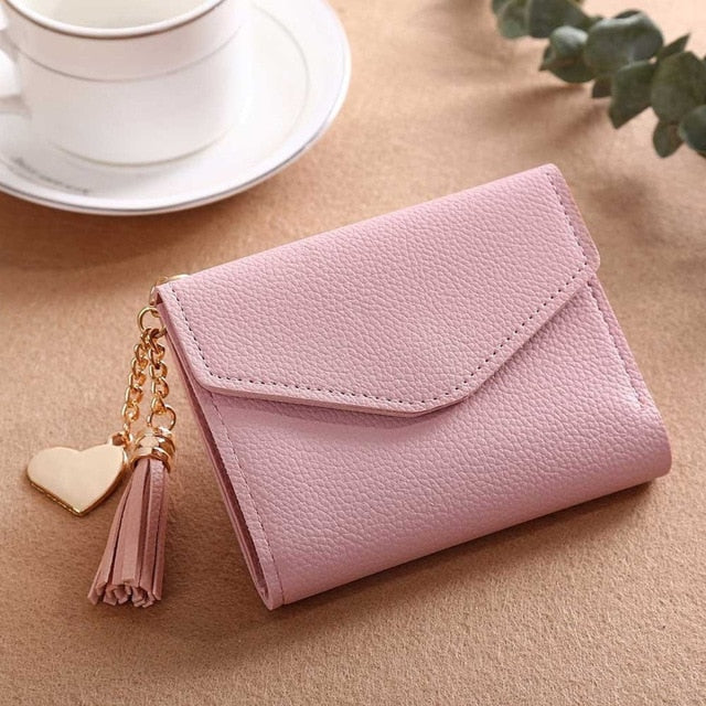 Wallet: Small Leather Purse with Charms - Heart, Tassel - Glam Time Style