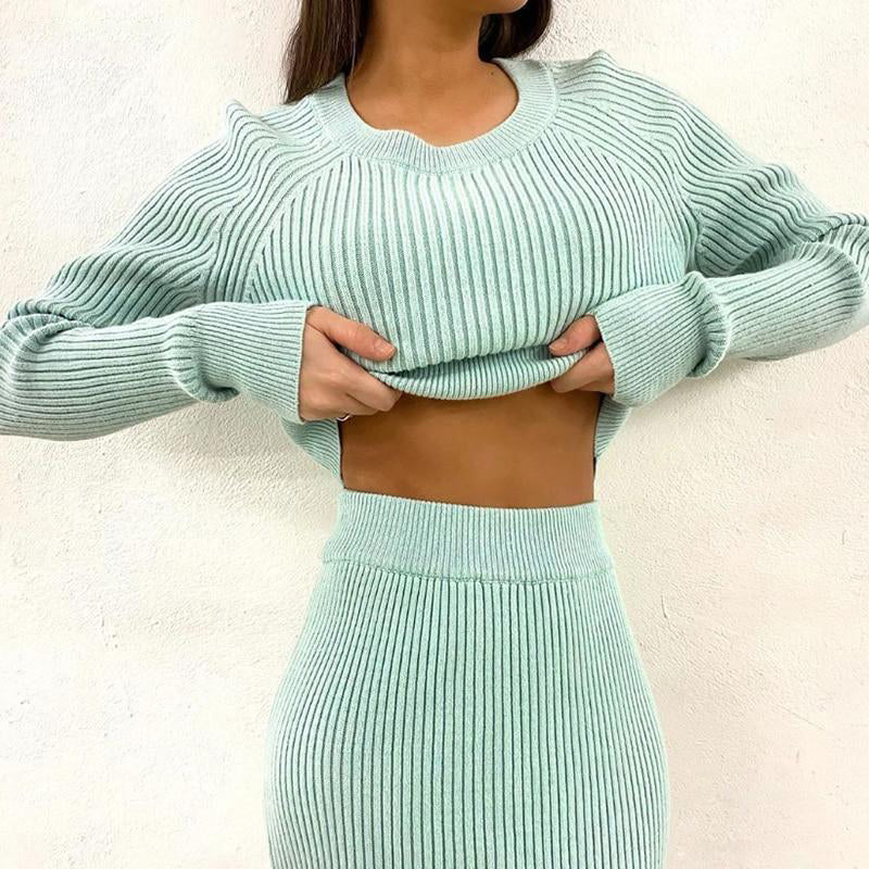 Knitted Matching Set: Cashmere Pullover Sweater, Long Pencil Skirt - Glam Time Style