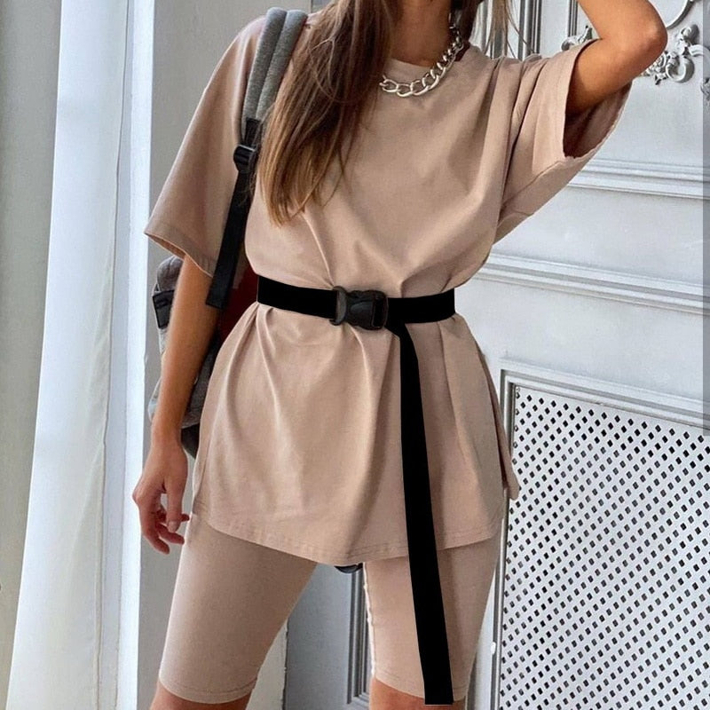 Two Piece Set with a Belt: T-Shirt and Cycling Shorts - Glam Time Style