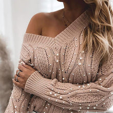 Load image into Gallery viewer, Cable Knit Sweater - Pullover with Beads/Pearls - Glam Time Style
