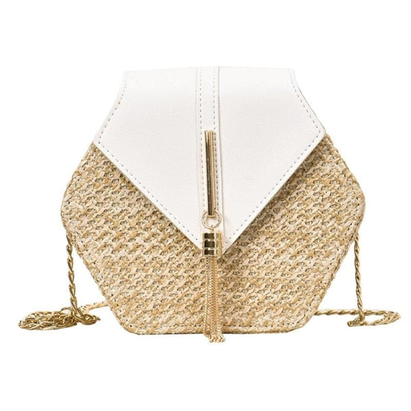 Designer Crossbody Bag: Woven Straw Hexagon Handbag - Glam Time Style