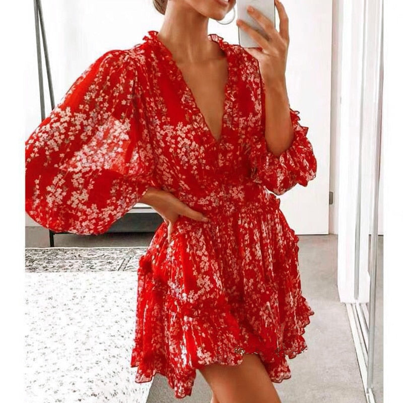Ruffled Mini Dress with a Floral Print, Long Sleeves - Glam Time Style