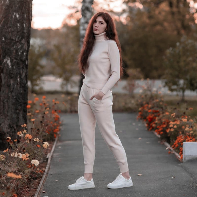 Tracksuit: Knitted 2 Pieces Set - Turtleneck Pullover Sweater, Jogging Pants - Glam Time Style