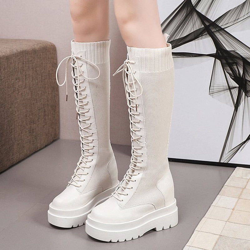 Chunky Platform Knee-High Boots with Knitted Stretch Fabric - Glam Time Style
