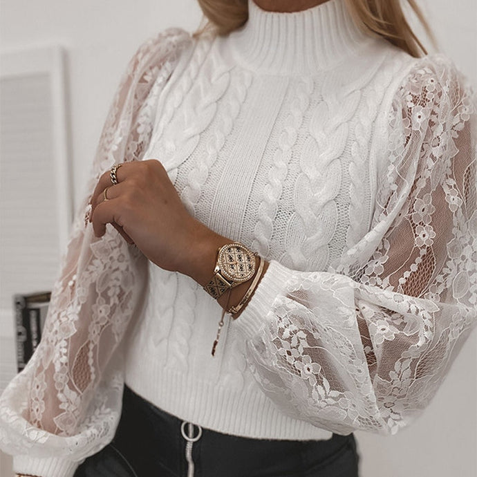 Half Turtleneck Sweater - Flared Lantern Lace Sleeve Jumper Pullover - Glam Time Style